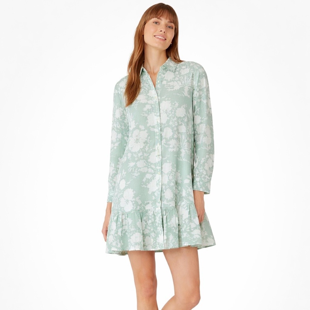 LIVRO Polly Shirt Dress Sz S Green Floral Mini Button Gauze Cotton Cottage Light